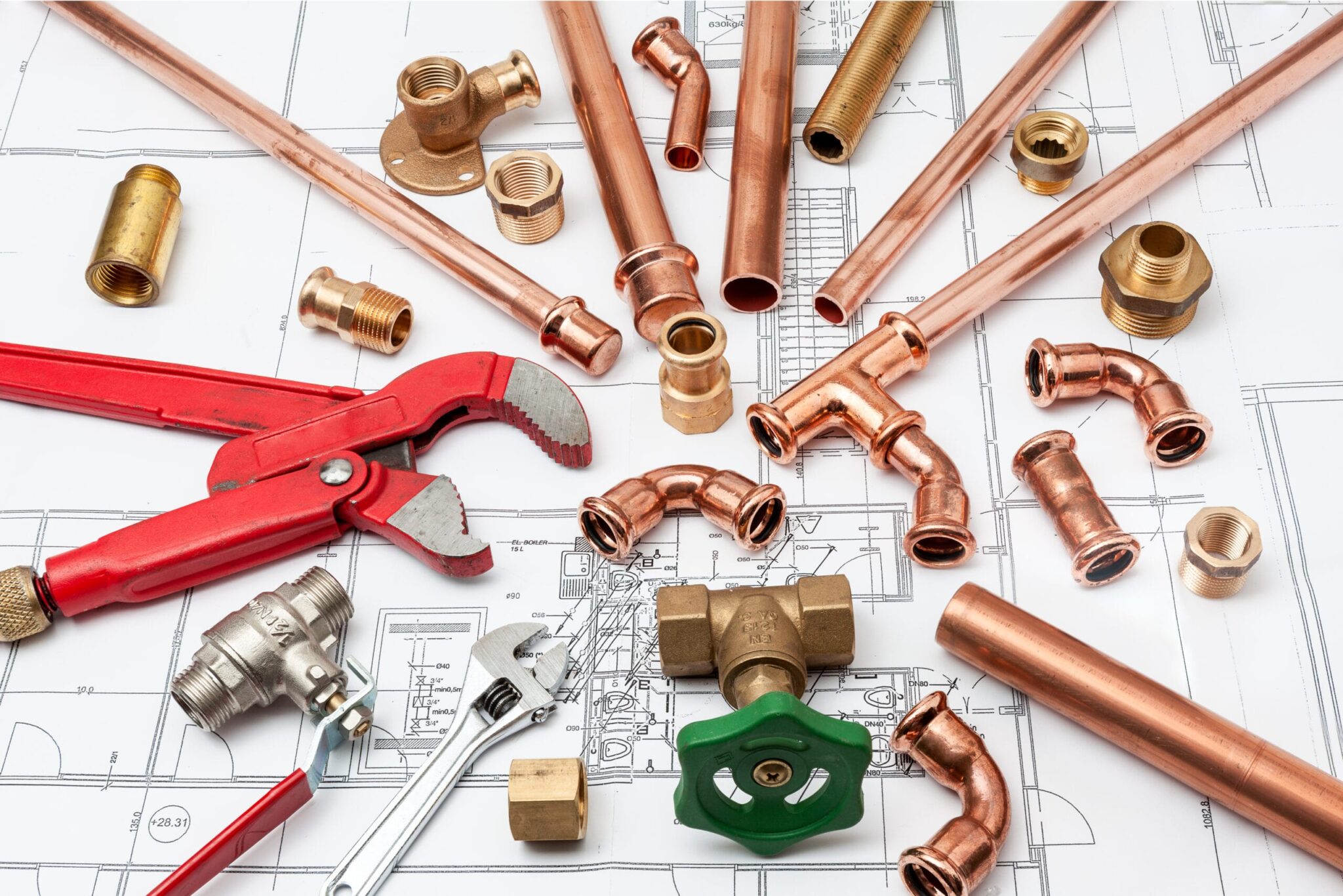 Copper pipes, fittings, valves, and plumbing tools in Wheat Ridge