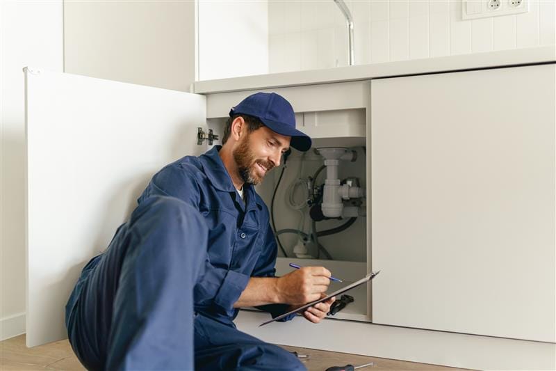 Residential plumber reviewing plumbing repairs in a Wheat Ridge kitchen