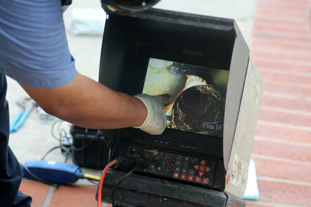 Technician viewing a drain inspection camera in Wheat Ridge