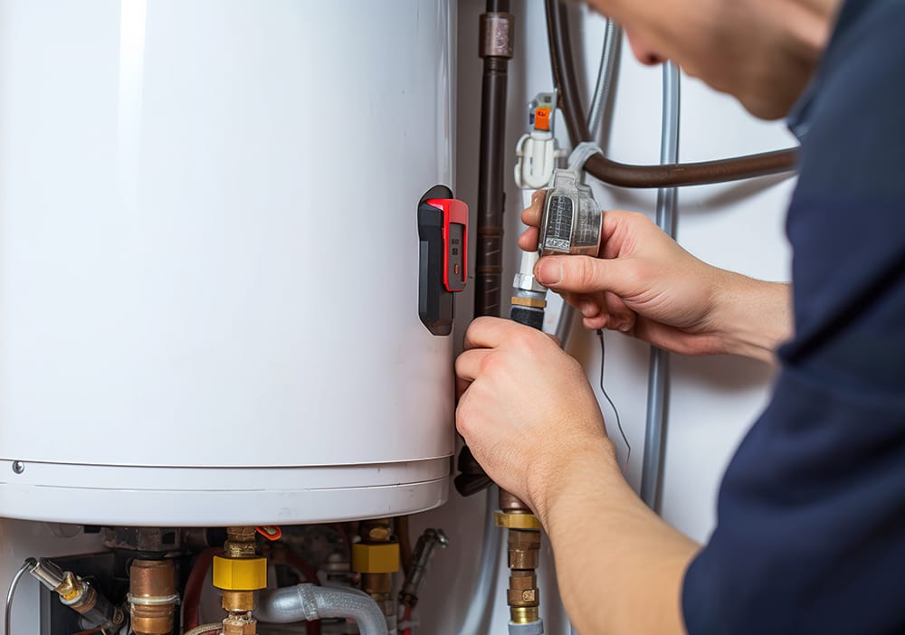 Technician repairing pipes connected to a water heater in Wheat Ridge
